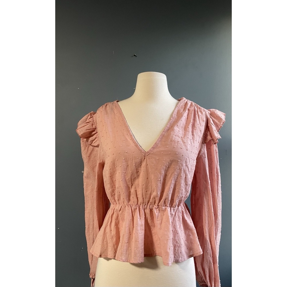 Missguided Petite Pink Textured Ruffle V Neck Peplum Blouse Top M